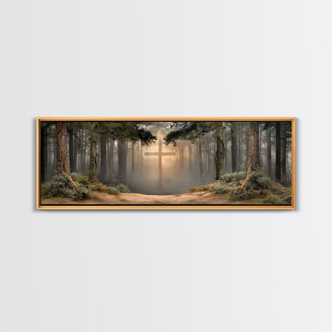 Heavenly Forest Glow, Framed Canvas Print, Panoramic Painting, Christian Wall Art, Christian Canvas, Jesus Painting, Modern Christian Art