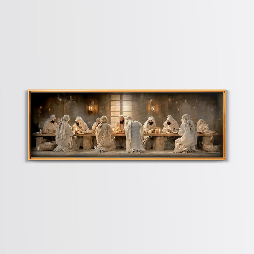 Lantern Lit Gathering | Framed Canvas Print | Panoramic Painting | Christian Wall Art | Jesus Canvas Art | Christian Christmas Art | Christ