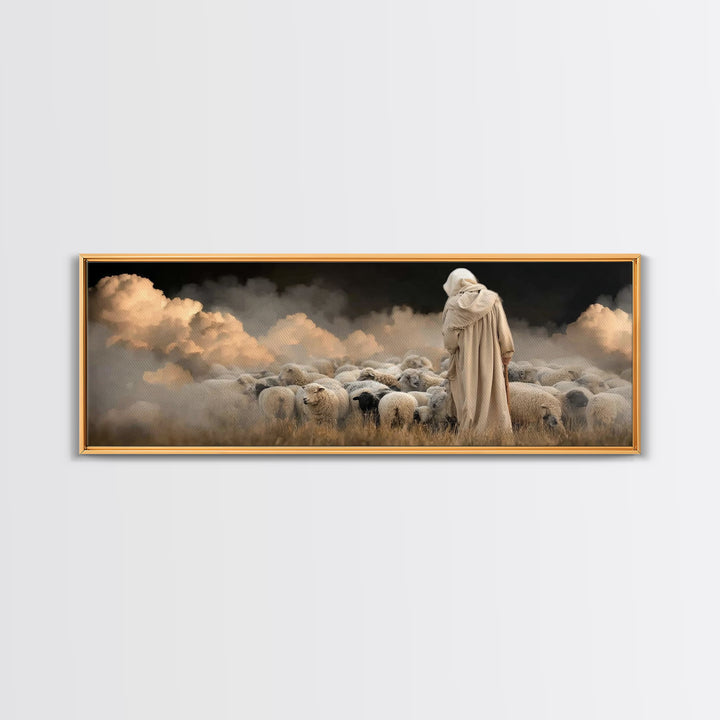 Guardian Of Flock – Framed Canvas Print – Panoramic Art – Jesus Canvas Art – Christian Wall Art – Christian Christmas Decor – Christian Pai