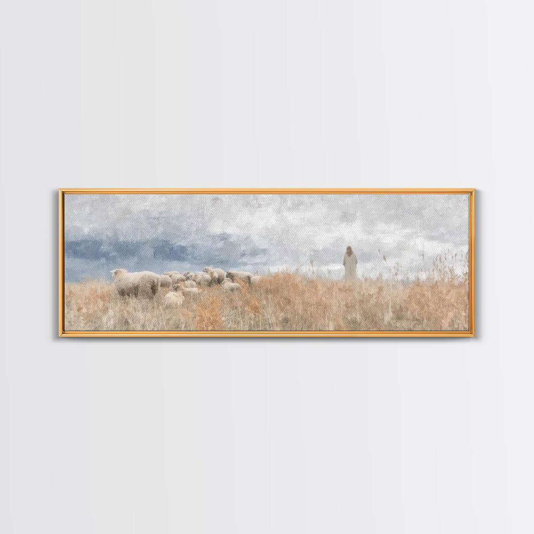 Shoreline Shepherd Dawn | Framed Canvas Print | Panoramic Frame | Christian Art Canvas | Jesus Painting | Christian Wall Art | Subtle Chris