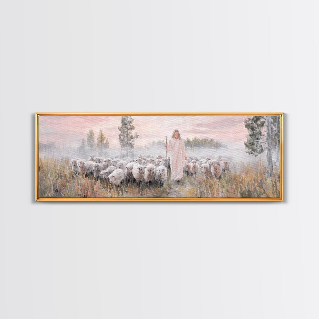 Radiant Shepherd Light, Framed Canvas Print, Panoramic Wall Art, Jesus Canvas Art, Christian Art, Christian Christmas Art, Modern Christian