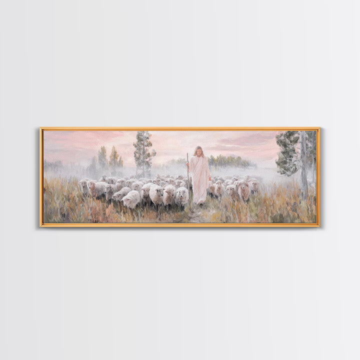 Radiant Shepherd Light, Framed Canvas Print, Panoramic Wall Art, Jesus Canvas Art, Christian Art, Christian Christmas Art, Modern Christian