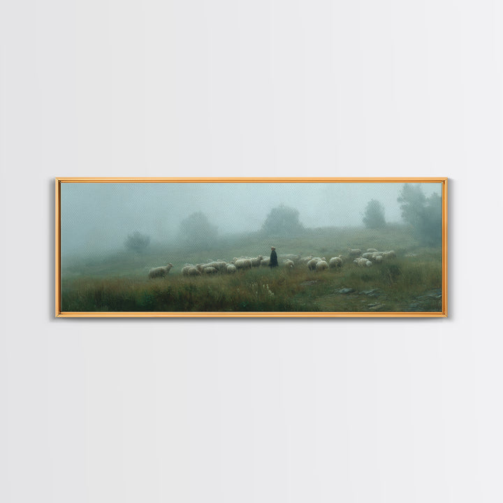 Shepherds In Mist | Framed Canvas Print | Panoramic Art | Christian Wall Art | Christian Art Canvas | Jesus Painting | Subtle Christian Art
