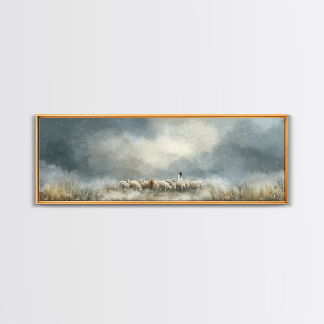 Starry Night Flock – Framed Canvas Print – Panoramic Wall Art – Christian Art Canvas – Christian Christmas Art – Jesus Painting – Christian