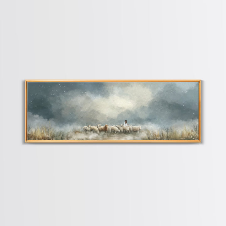 Starry Night Flock – Framed Canvas Print – Panoramic Wall Art – Christian Art Canvas – Christian Christmas Art – Jesus Painting – Christian