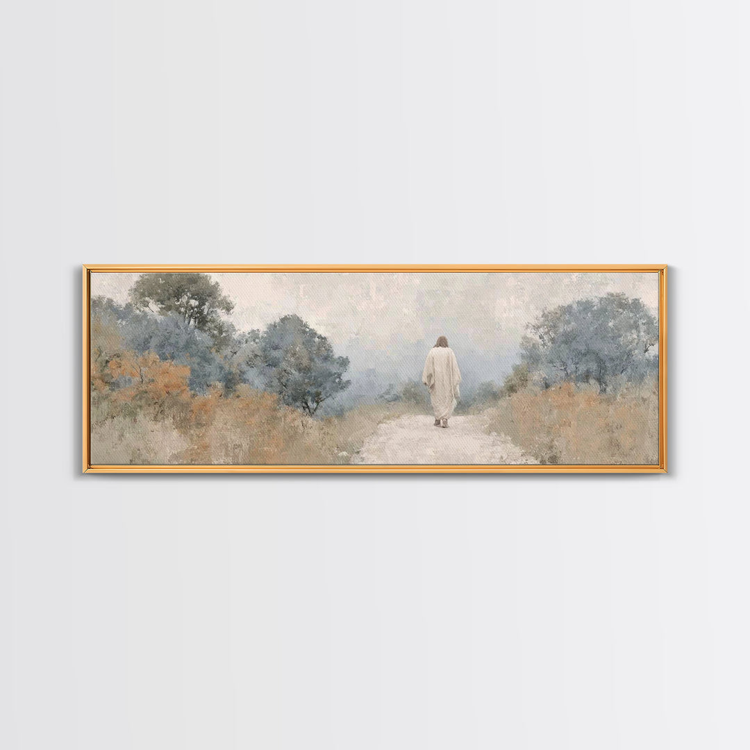 Quiet Garden Walk, Framed Canvas Print, Panoramic Wall Art, Christian Art Canvas, Modern Christian Painting, Christian Gift Ideas, Christia