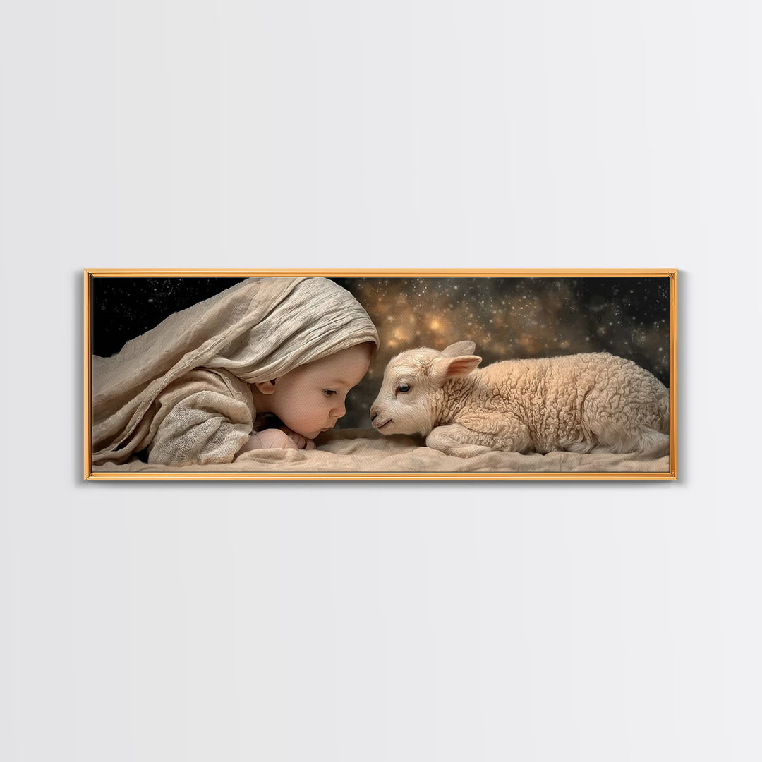 Little Lamb Blessing – Framed Canvas Print – Christian Painting – Panoramic Wall Art – Christmas Art – Christian Art Gift – Christian Decor