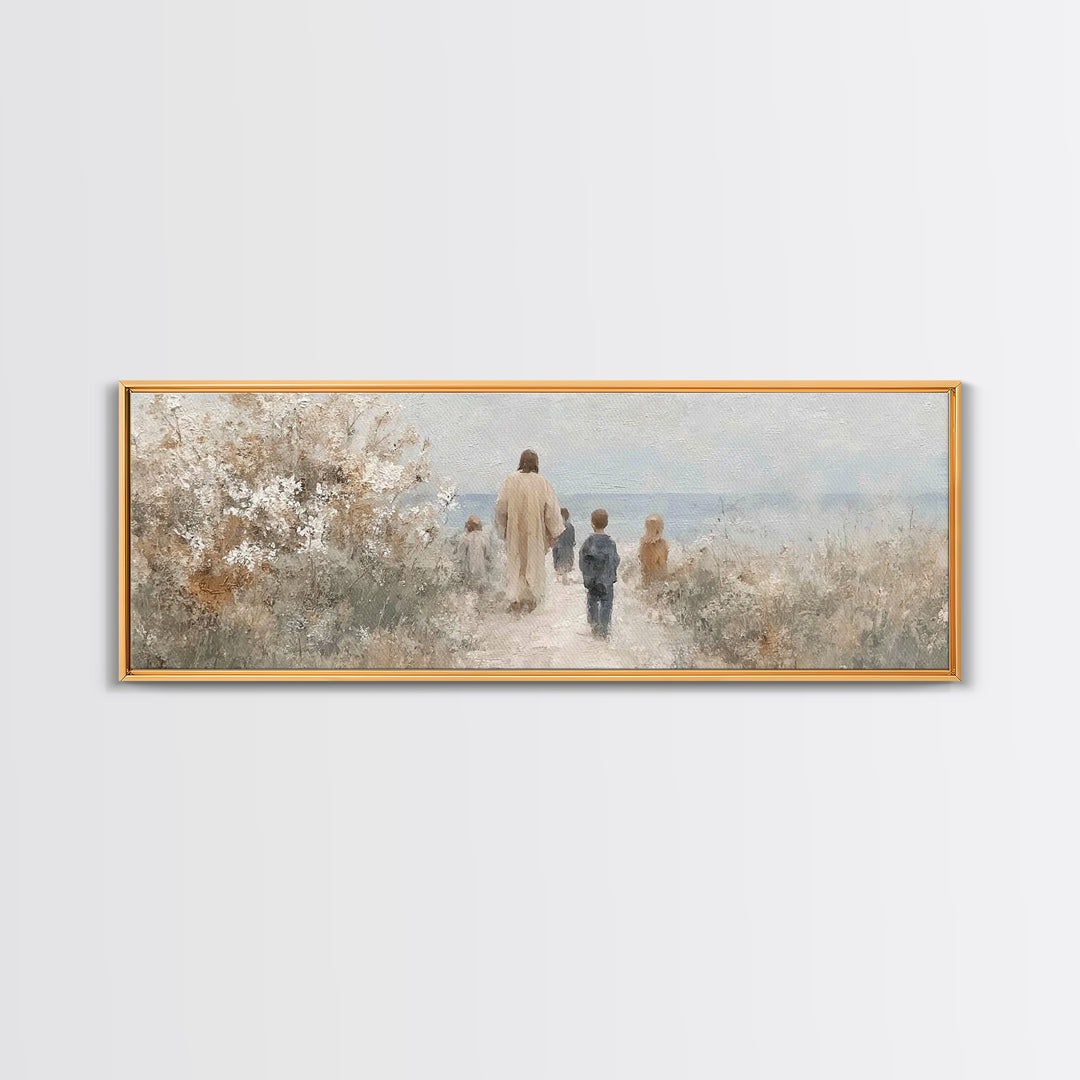 Silent Footsteps, Framed Canvas Print, Christian Art Canvas, Panoramic Painting, Jesus Wall Art, Christian Art Gift, Christmas Art