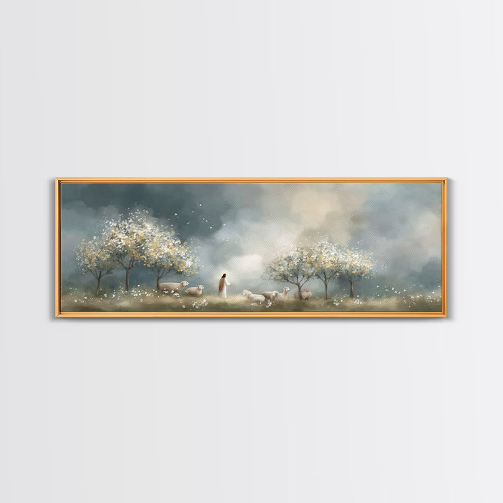 Radiant Shepherd Light – Framed Canvas Print – Christian Art Canvas – Panoramic Painting – Jesus Wall Art – Christian Christmas Art