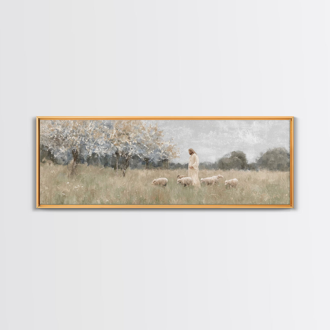 Heavenly Pastures | Framed Canvas Print | Christian Wall Art | Panoramic Art | Jesus Painting | Christian Art Canvas | Christmas Art