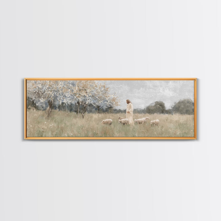 Heavenly Pastures | Framed Canvas Print | Christian Wall Art | Panoramic Art | Jesus Painting | Christian Art Canvas | Christmas Art