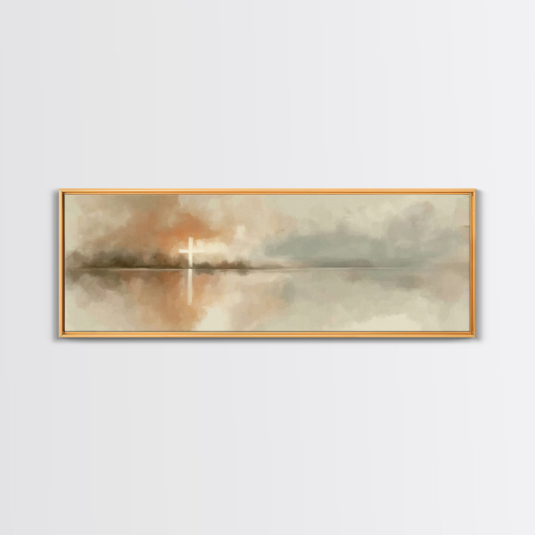 Cross Of Dawn, Framed Canvas Print, Panoramic Painting, Christian Art Canvas, Christian Wall Art, Minimalist Christian Art, Christmas Art