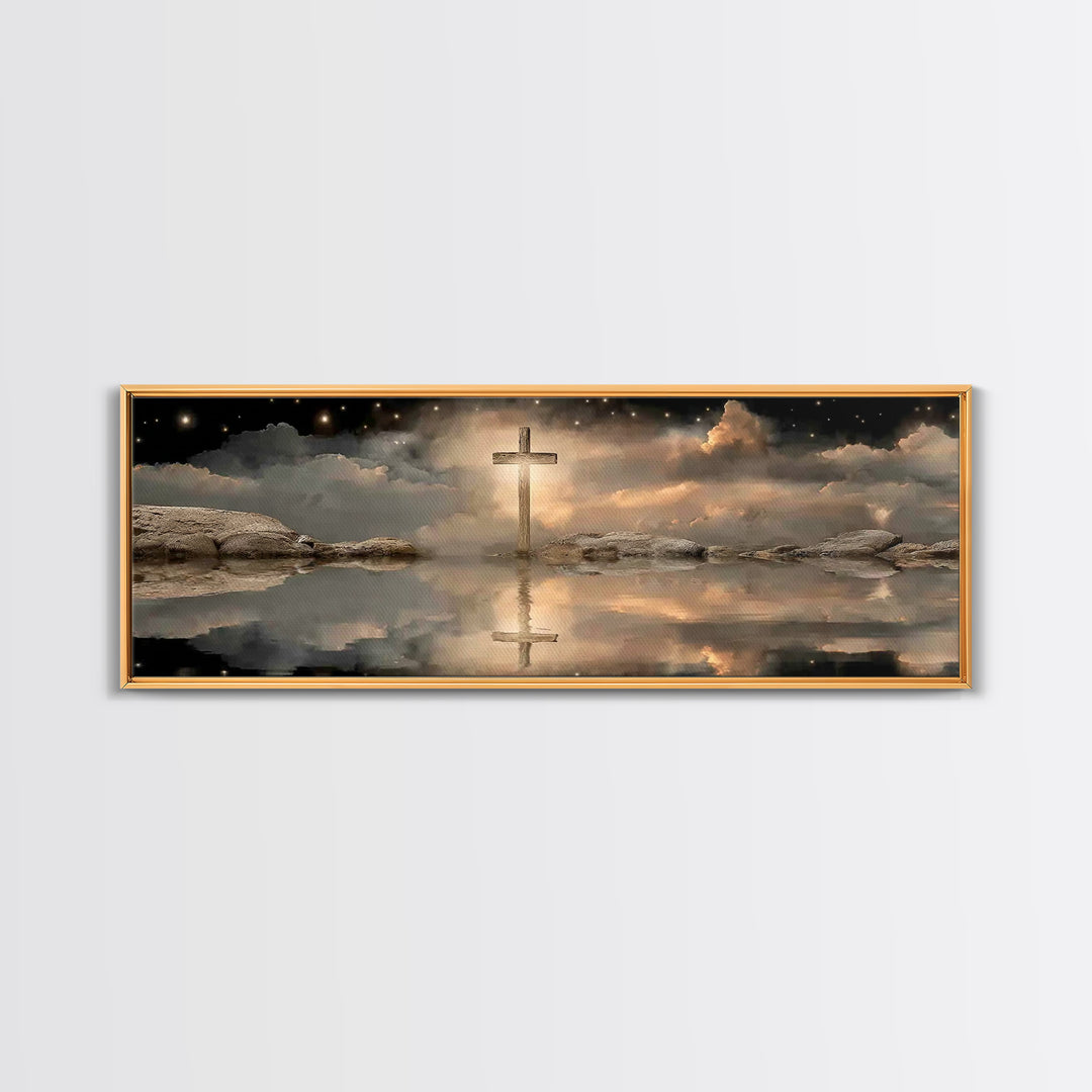 Night Of The Cross – Framed Canvas Print – Panoramic Wall Art – Christian Art Canvas – Christian Painting – Christmas Art – Christian Decor