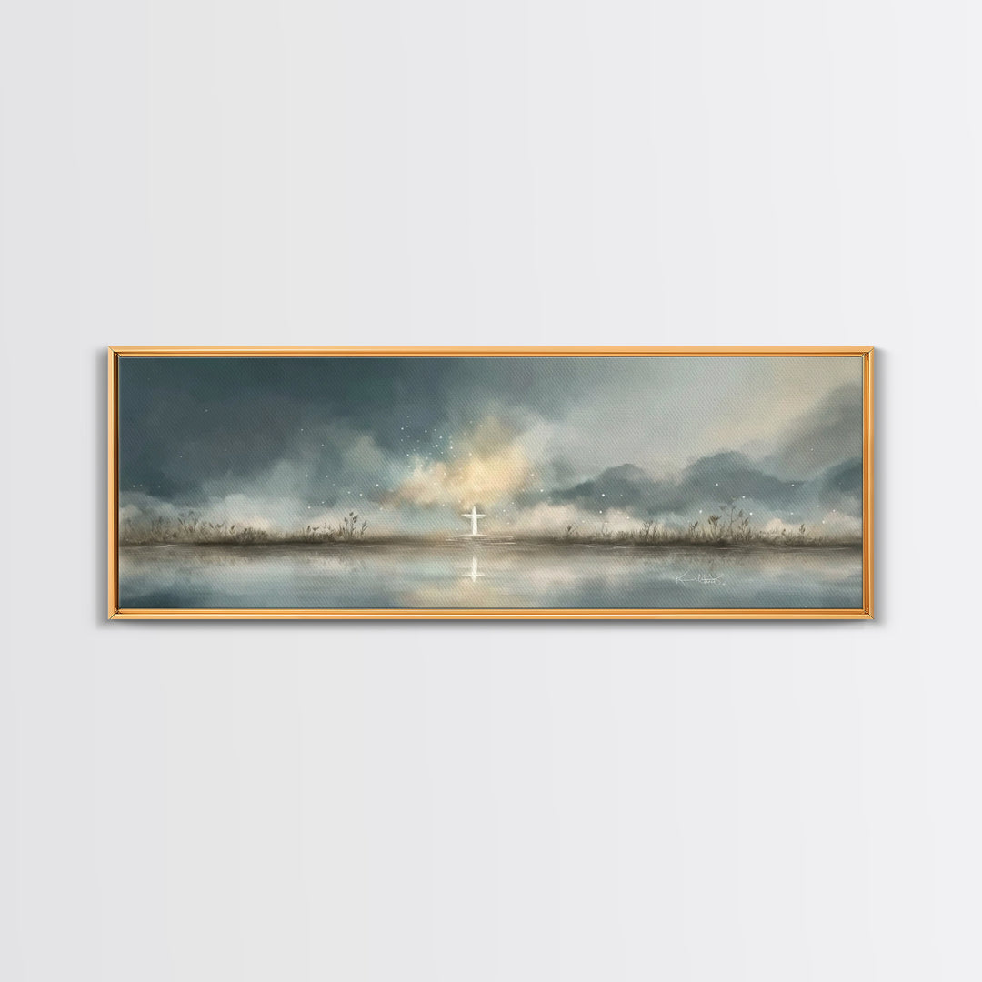 Cross At Horizon | Framed Canvas Print | Panoramic Print | Christian Art Canvas | Christian Wall Art | Minimalist Christian Art | Christmas