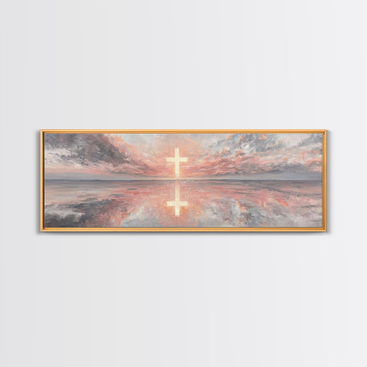Radiant Cross Sky | Framed Canvas Print | Christian Art Canvas | Panoramic Wall Art | Christian Painting | Christian Decor | Christmas Art