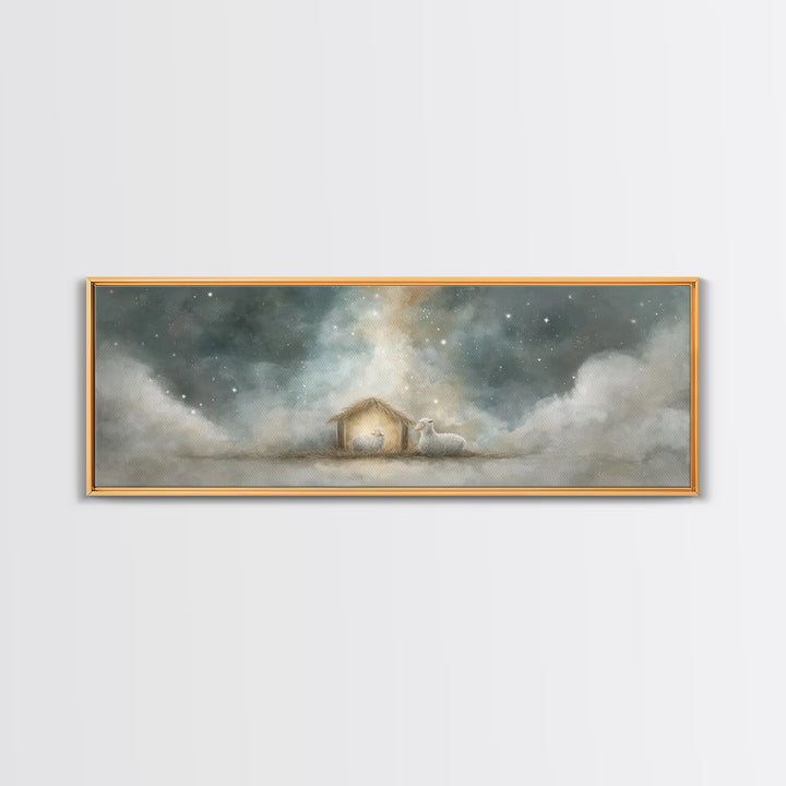 Starry Holy Night, Framed Canvas Print, Christian Wall Art, Panoramic Painting, Christian Christmas Art, Christian Art Print, Jesus Canvas