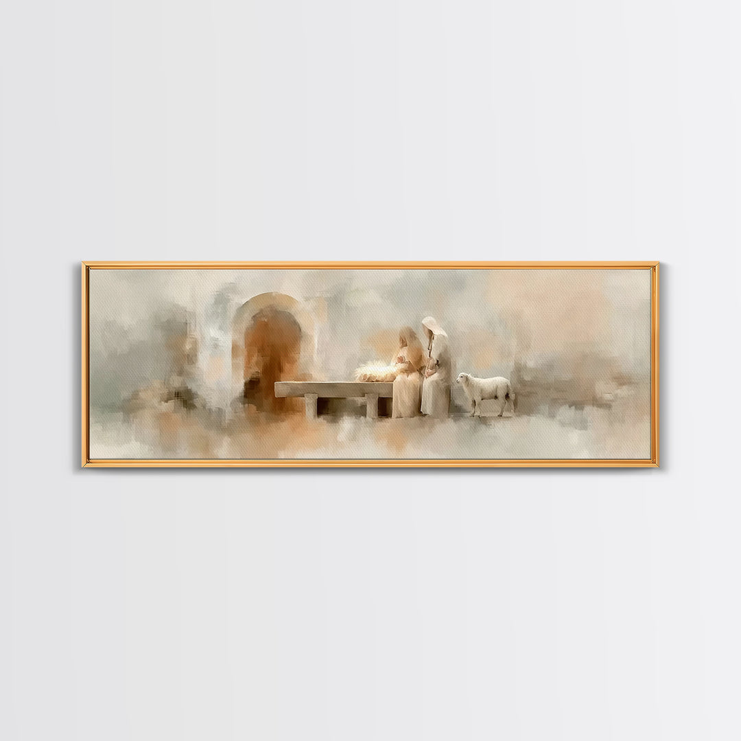 Sacred Manger Light – Framed Canvas Print – Christmas Art – Panoramic Frame – Christian Christmas Decor – Christian Painting – Christian Ar