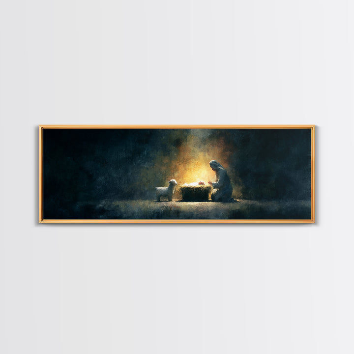 Silent Nativity Glow – Framed Canvas Print – Panoramic Art – Christian Wall Art – Christmas Art – Christian Art Print – Jesus Christmas Art