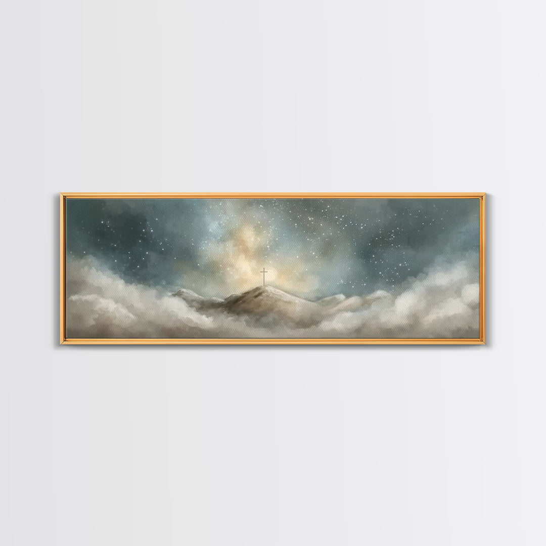 Starlit Redemption | Framed Canvas Print | Christian Wall Art | Jesus Painting | Christian Art Print | Christmas Art | Panoramic Wall Art