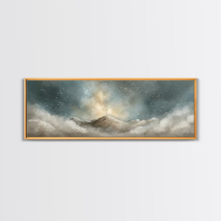Starlit Redemption | Framed Canvas Print | Christian Wall Art | Jesus Painting | Christian Art Print | Christmas Art | Panoramic Wall Art