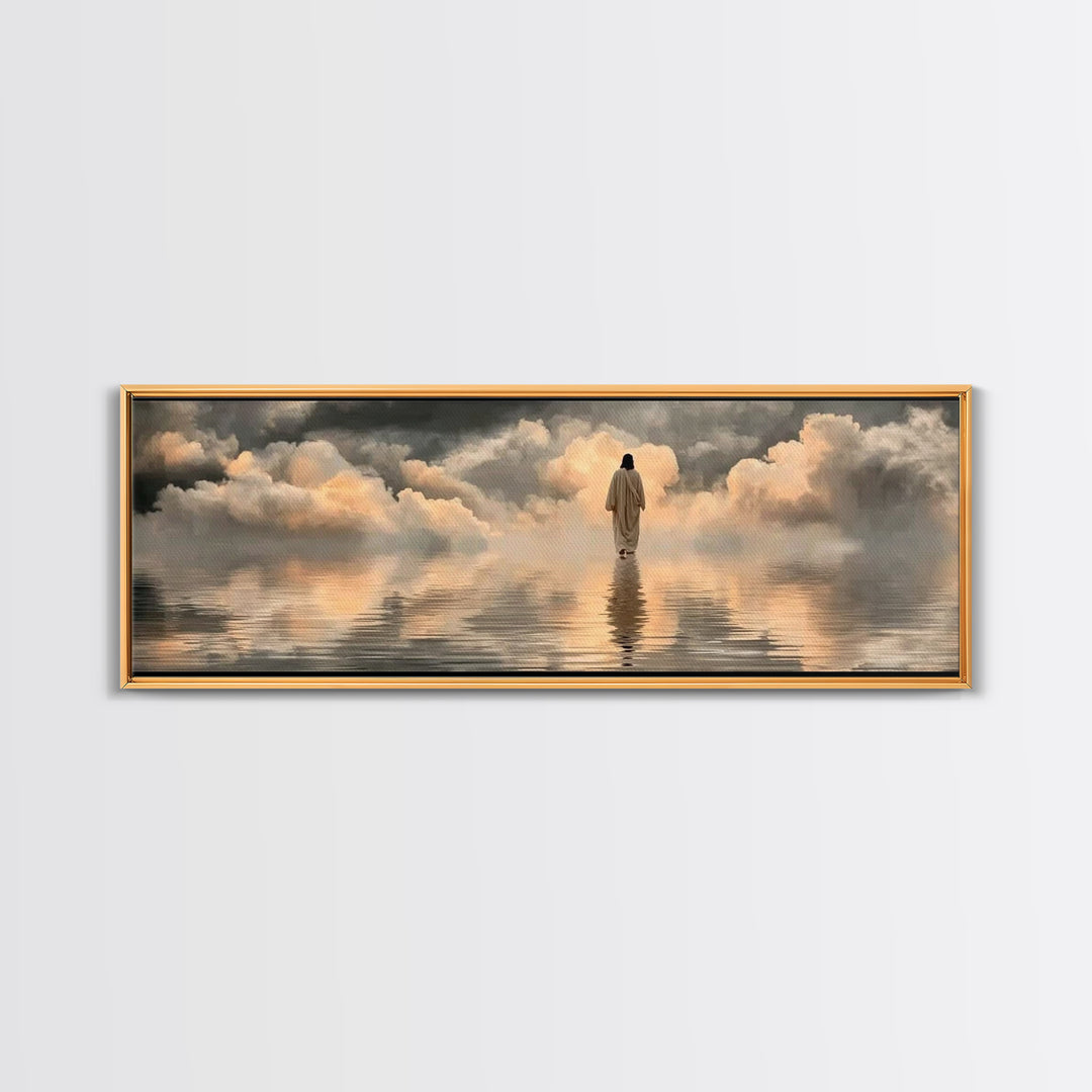 Silent Shore Walk | Framed Canvas Print | Christian Art Print | Panoramic Frame | Jesus Canvas Art | Christian Wall Art