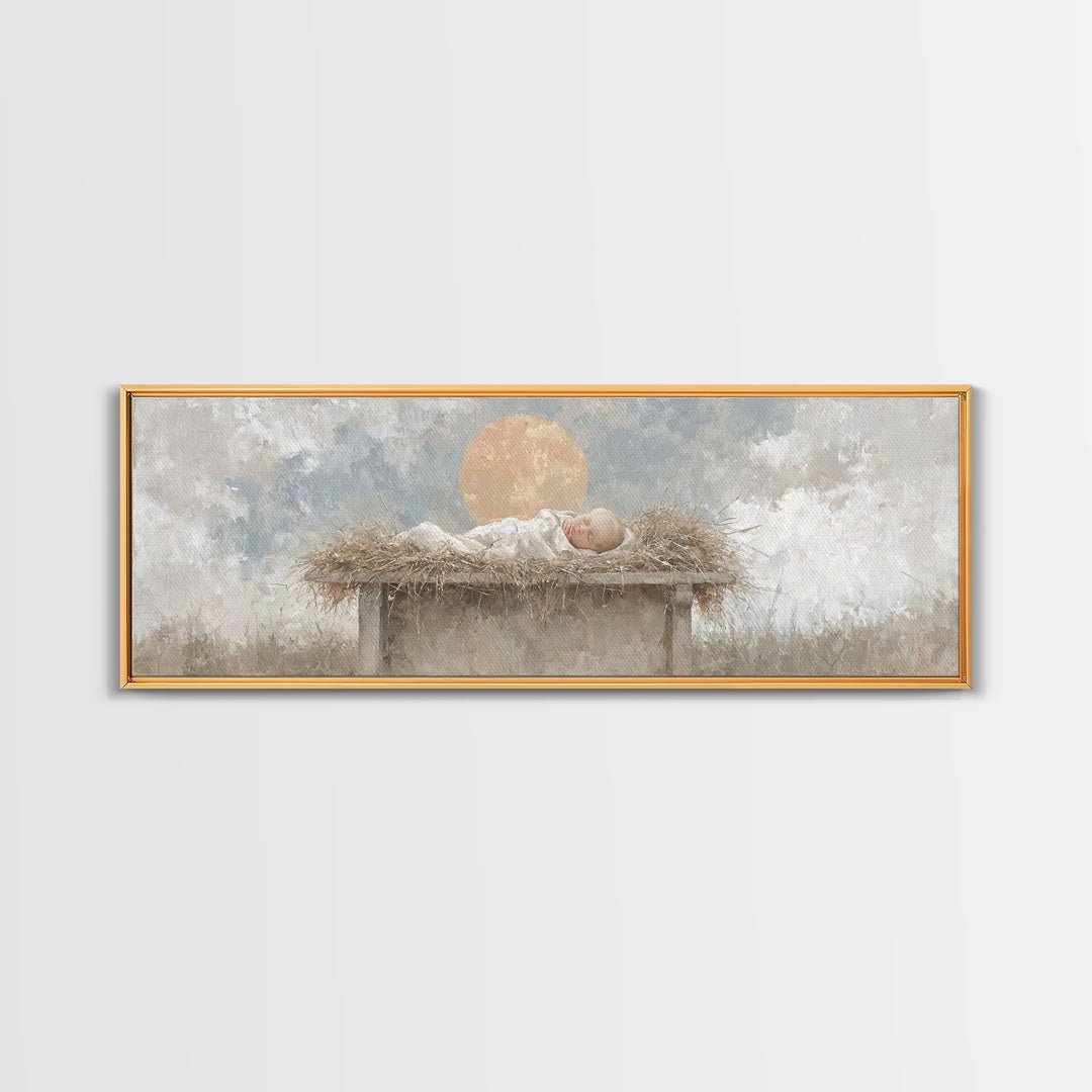 Radiant Manger Peace | Framed Canvas Print | Christian Christmas Art | Christian Wall Art | Christmas Canvas Wall Art | Panoramic Art | Chr