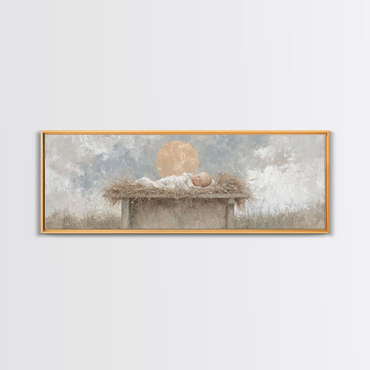 Radiant Manger Peace | Framed Canvas Print | Christian Christmas Art | Christian Wall Art | Christmas Canvas Wall Art | Panoramic Art | Chr