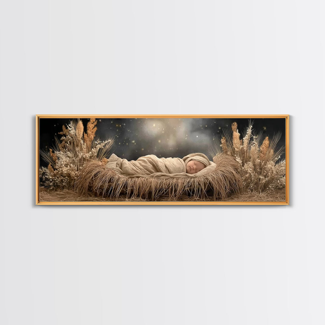 Starry Night Cradle, Framed Canvas Print, Christian Wall Art, Jesus Christmas Art, Christian Art Canvas, Panoramic Painting, Christian Chri
