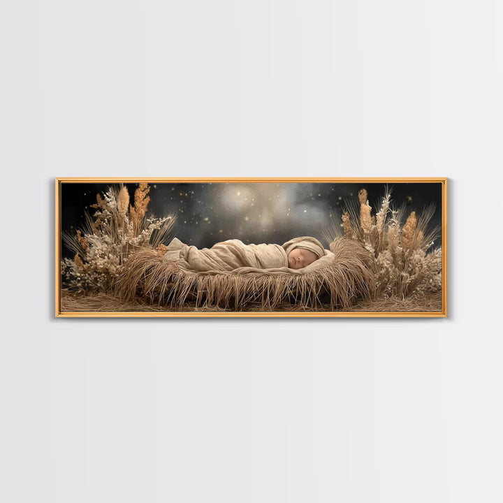 Starry Night Cradle, Framed Canvas Print, Christian Wall Art, Jesus Christmas Art, Christian Art Canvas, Panoramic Painting, Christian Chri