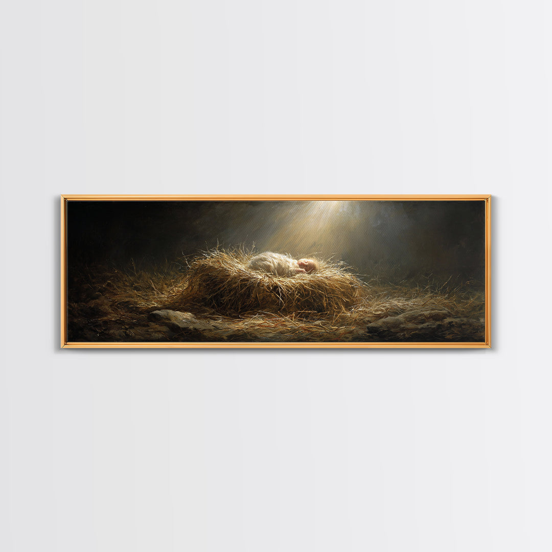 Holy Night Radiance, Framed Canvas Print, Christian Christmas Art, Jesus Painting, Panoramic Art, Christian Wall Art, Christian Art Canvas,