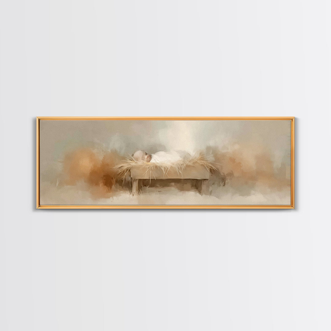 Soft Manger Light – Framed Canvas Print – Christian Wall Art – Panoramic Frame – Christian Christmas Art – Christian Art Canvas – Christmas