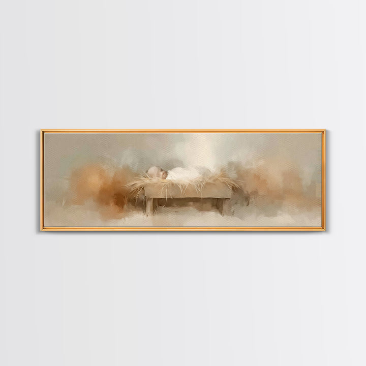 Soft Manger Light – Framed Canvas Print – Christian Wall Art – Panoramic Frame – Christian Christmas Art – Christian Art Canvas – Christmas