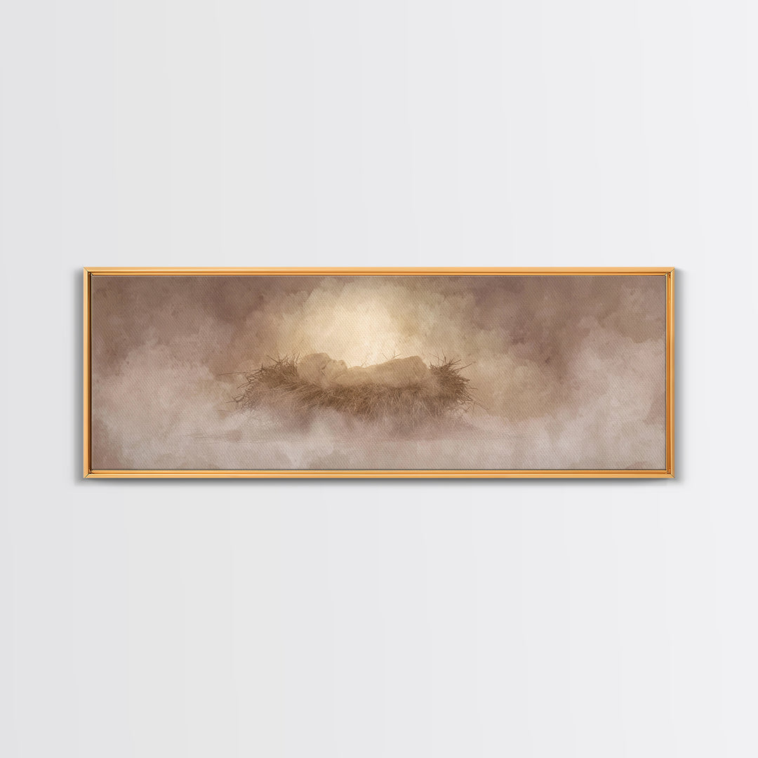 Celestial Manger Mist | Framed Canvas Print | Christian Art | Panoramic Wall Art | Christian Christmas Art | Jesus Art Print | Christmas Ca