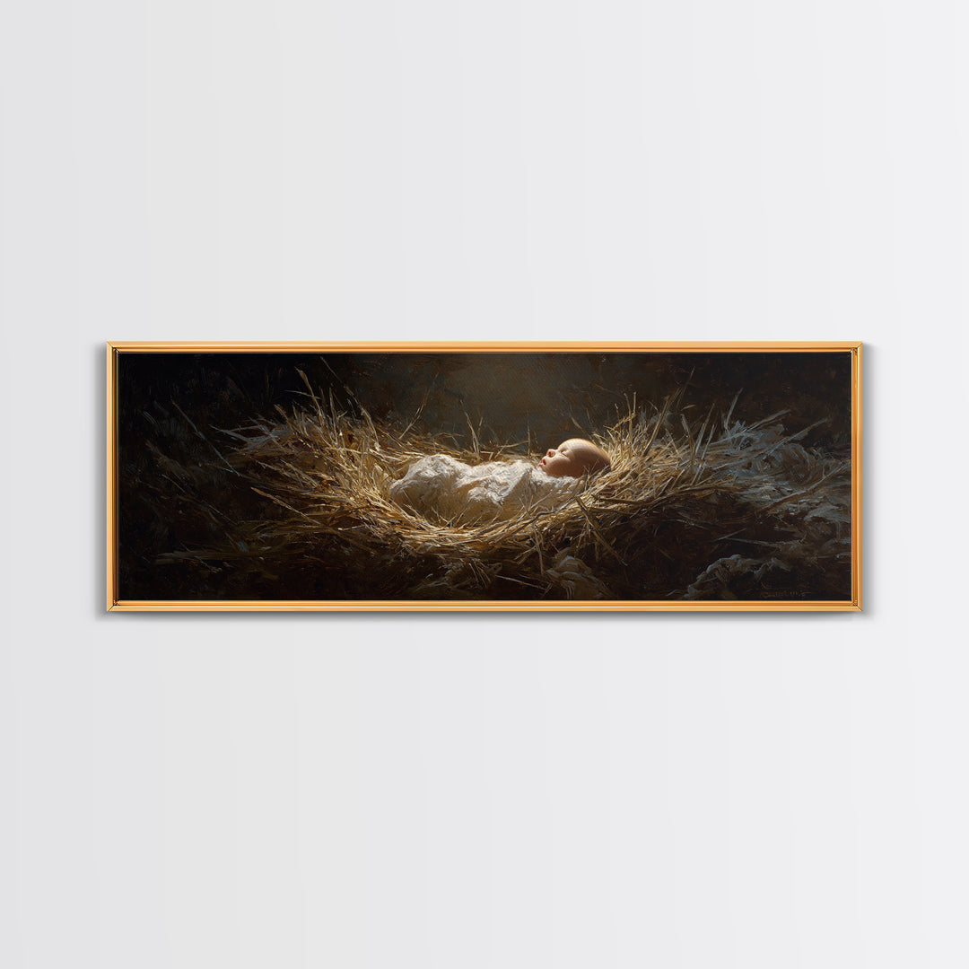 Divine Manger Glow – Framed Canvas Print – Christian Art Canvas – Panoramic Wall Art – Jesus Painting – Christian Christmas Art – Christian