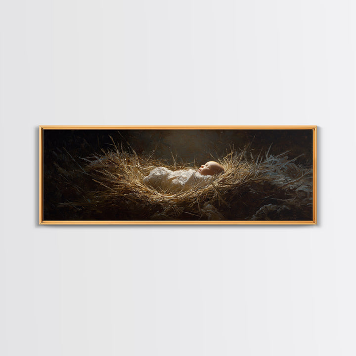 Divine Manger Glow – Framed Canvas Print – Christian Art Canvas – Panoramic Wall Art – Jesus Painting – Christian Christmas Art – Christian