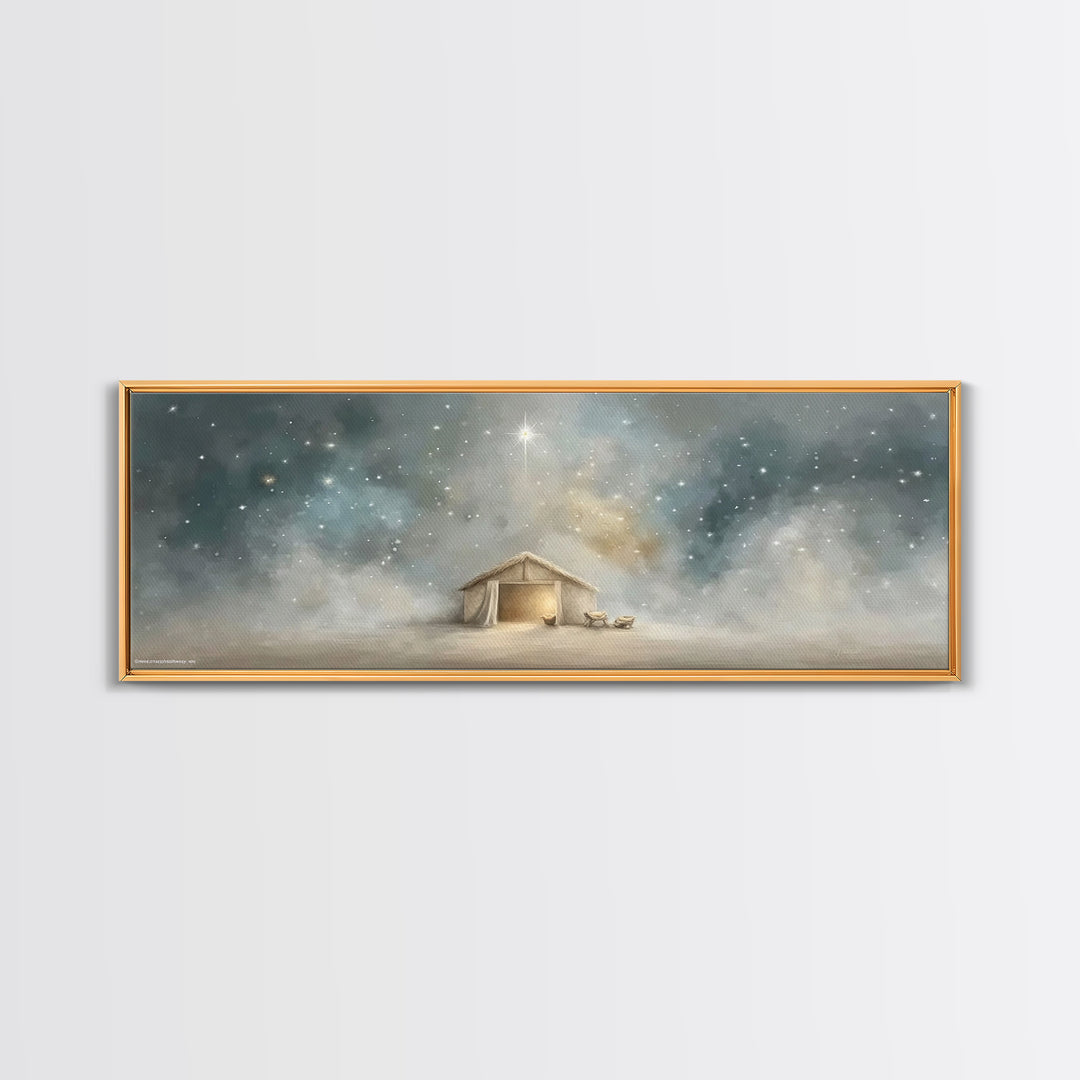 Silent Night Stable, Framed Canvas Print, Panoramic Painting, Christian Wall Art, Christmas Art, Christian Art Canvas, Christian Christmas
