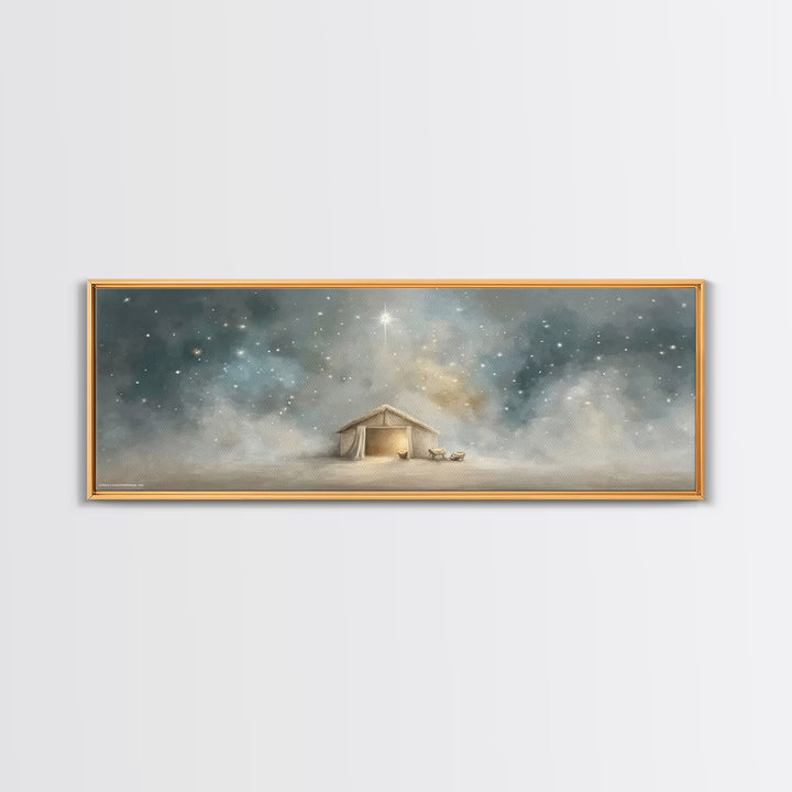 Silent Night Stable, Framed Canvas Print, Panoramic Painting, Christian Wall Art, Christmas Art, Christian Art Canvas, Christian Christmas