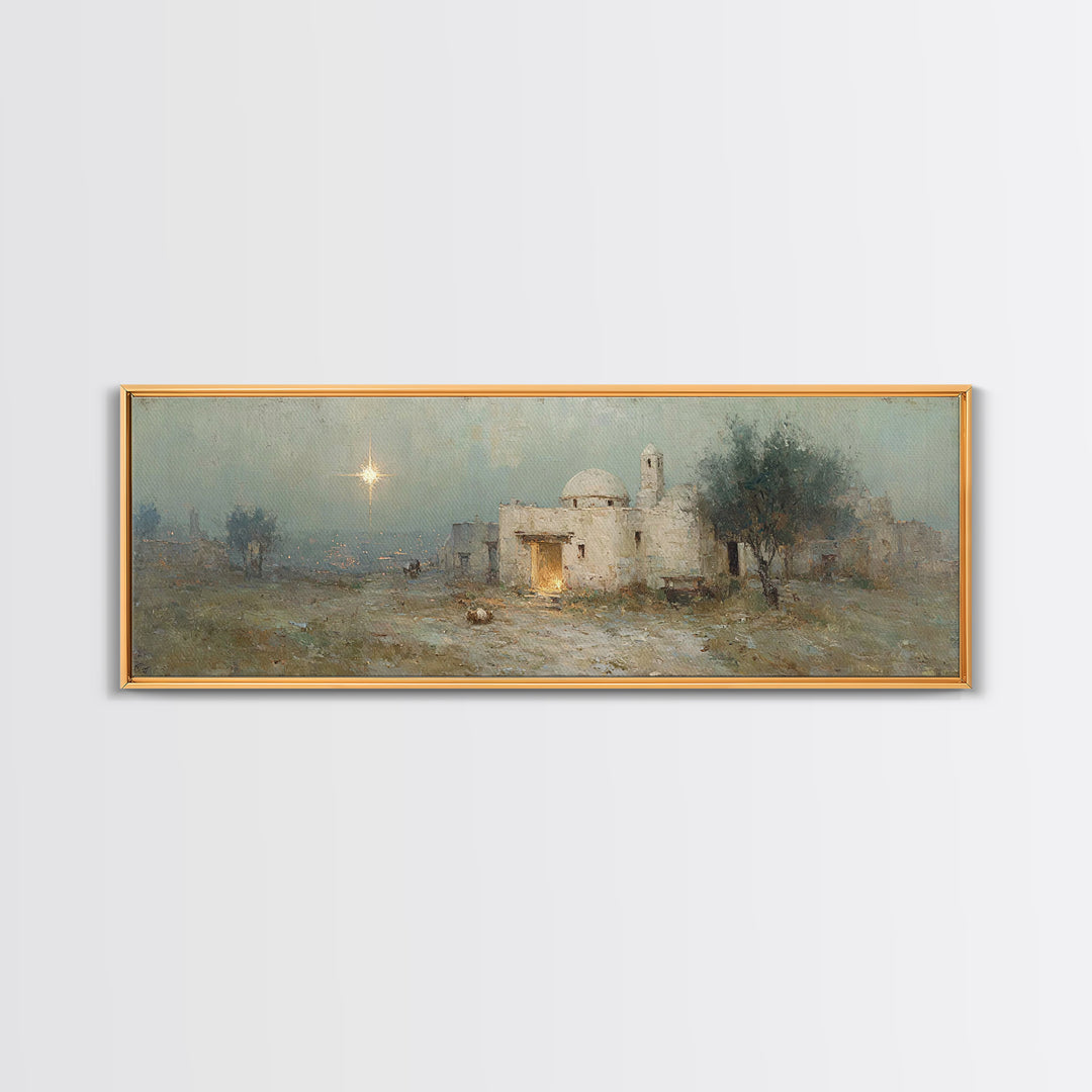Bethlehem Evening Glow | Framed Canvas Print | Panoramic Painting | Christian Art Canvas | Christmas Wall Art | Christian Christmas Art | C
