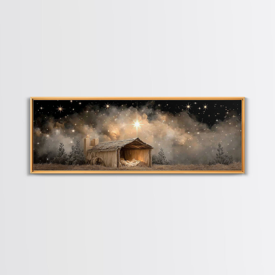 Starry Night Shelter – Framed Canvas Print – Panoramic Wall Art – Christmas Art – Christian Art Canvas – Christian Wall Art – Christian Chr
