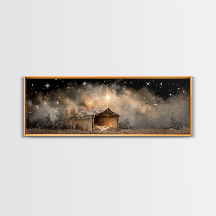 Starry Night Shelter – Framed Canvas Print – Panoramic Wall Art – Christmas Art – Christian Art Canvas – Christian Wall Art – Christian Chr
