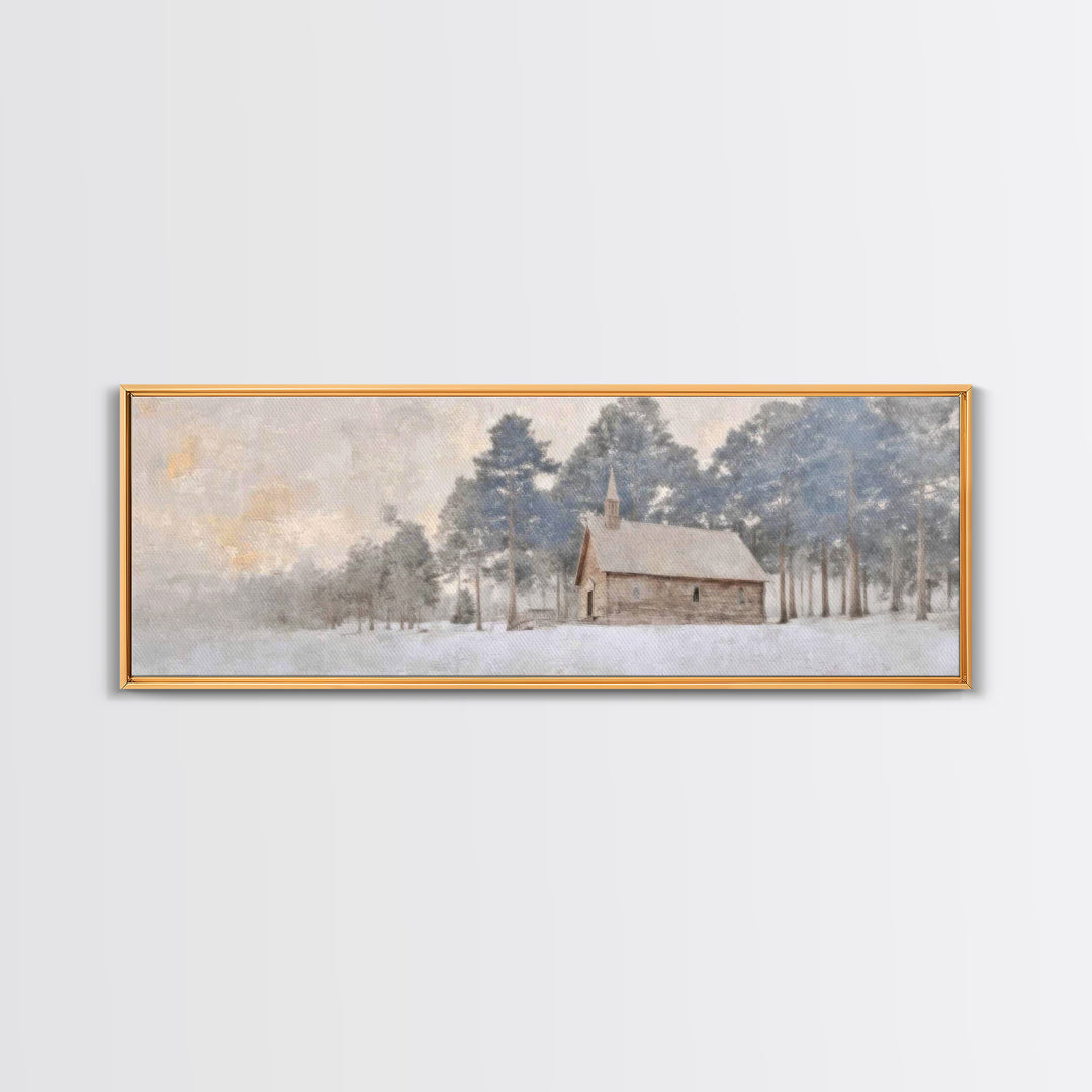 Winter Chapel Peace | Framed Canvas Print | Panoramic Art | Christian Wall Art | Christian Art Canvas | Christmas Art | Christian Christmas