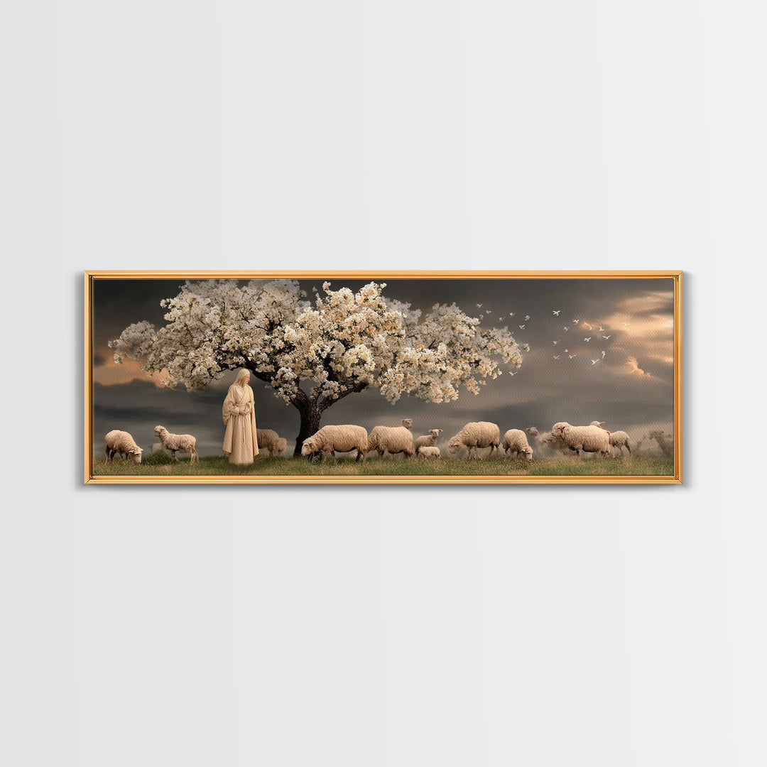 Gentle Orchard Calm, Framed Canvas Print, Christian Wall Art, Panoramic Painting, Jesus Art Print, Christian Christmas Art, Christian Canva