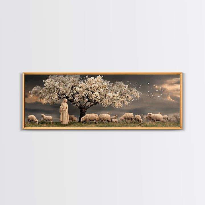 Gentle Orchard Calm, Framed Canvas Print, Christian Wall Art, Panoramic Painting, Jesus Art Print, Christian Christmas Art, Christian Canva