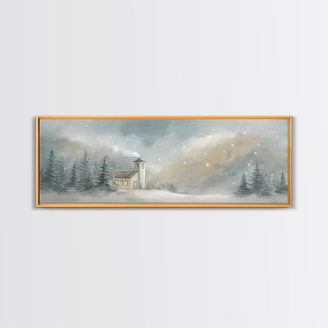 Snowy Chapel Light – Framed Canvas Print – Panoramic Painting – Christian Wall Art – Christmas Art – Christian Art Canvas – Christian Chris