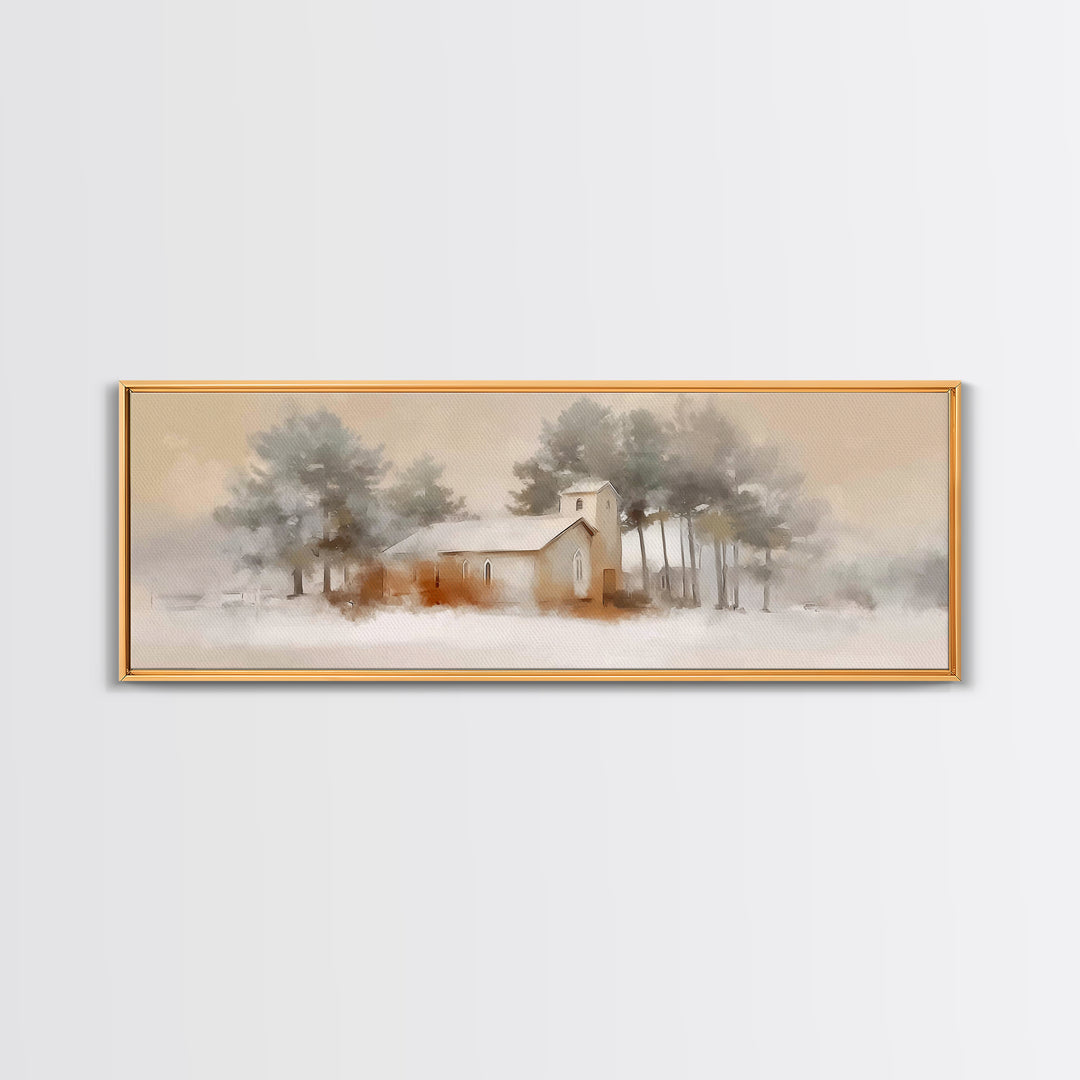 Silent Chapel Glow, Framed Canvas Print, Christian Wall Art, Christmas Canvas Wall Art, Christian Christmas Art, Panoramic Print, Christian