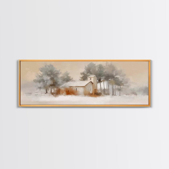 Silent Chapel Glow, Framed Canvas Print, Christian Wall Art, Christmas Canvas Wall Art, Christian Christmas Art, Panoramic Print, Christian