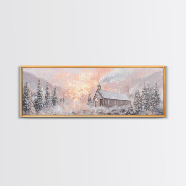 Snowlit Church Dawn | Framed Canvas Print | Christian Wall Art | Christmas Art Work | Christian Christmas Decor | Panoramic Painting | Chri