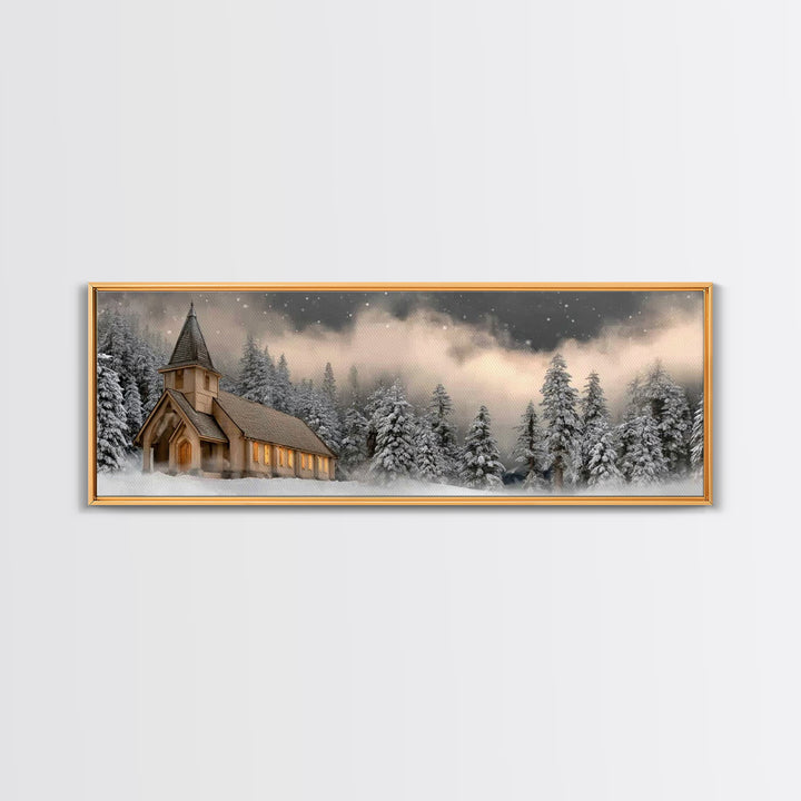 Midnight Chapel Light – Framed Canvas Print – Christian Wall Art – Framed Christmas Art – Christian Christmas Decorations – Panoramic Art –