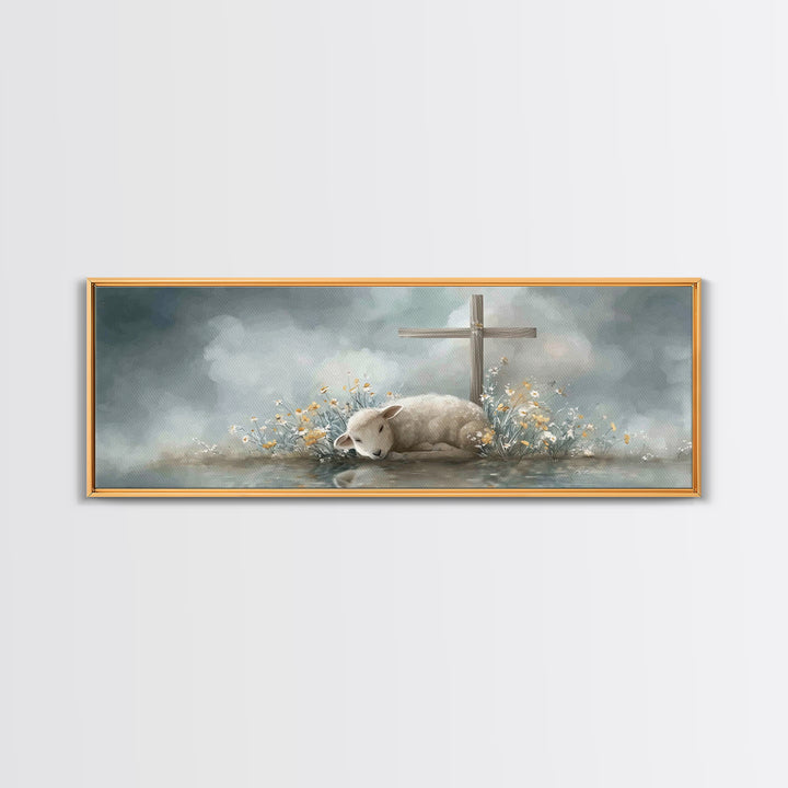 Gentle Lamb Peace, Framed Canvas Print, Christian Art Canvas, Panoramic Wall Art, Christian Painting, Christmas Art, Christian Gift Ideas