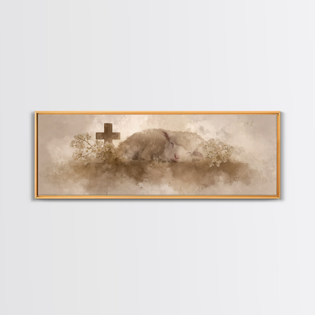 Lamb Of Comfort | Framed Canvas Print | Christian Art Canvas | Extra Wide Art | Christian Paintings | Christmas Canvas Wall Art | Christian